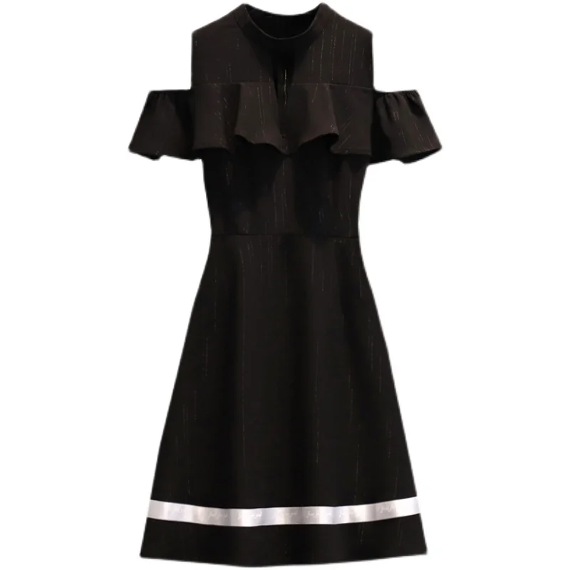 

COIGARSAM Women Korean Dress One Piece Summer 2021 New Casual Fashion Short Sleeve V-Neck Black Dresses Robe Traf