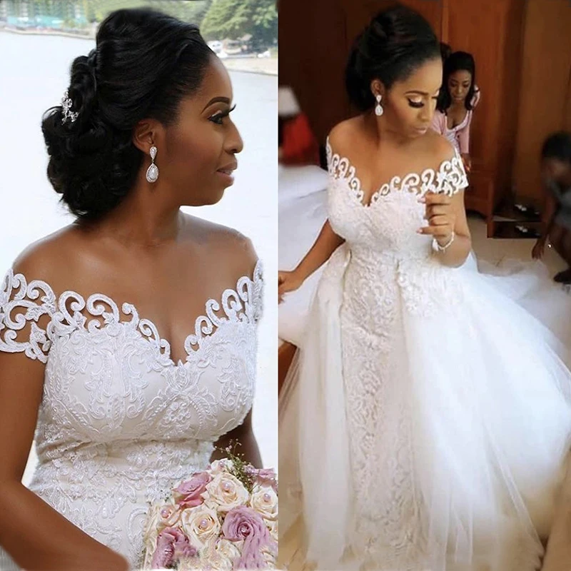 

Vestido De Noiva 2 in 1 Detachable Train Mermaid Wedding Dress Lace Bridal Wedding Gowns