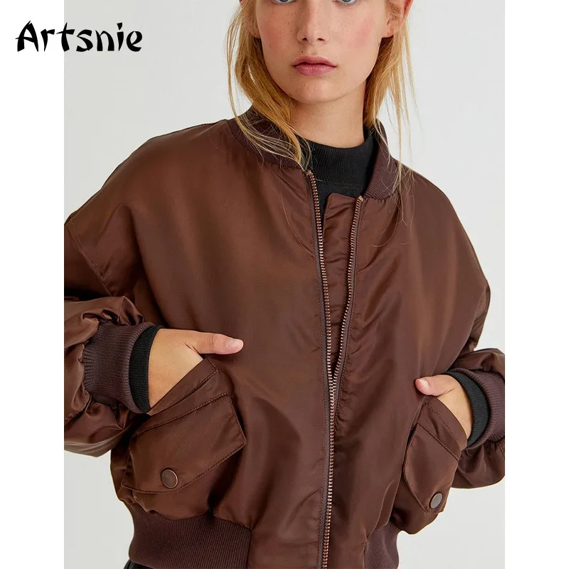 

Artsnie Streetwear Brown Bomber Jacket Women Autumn Zipper Long Sleeve Double Pockets Coats Ladies Oversized Coats Chaqueta