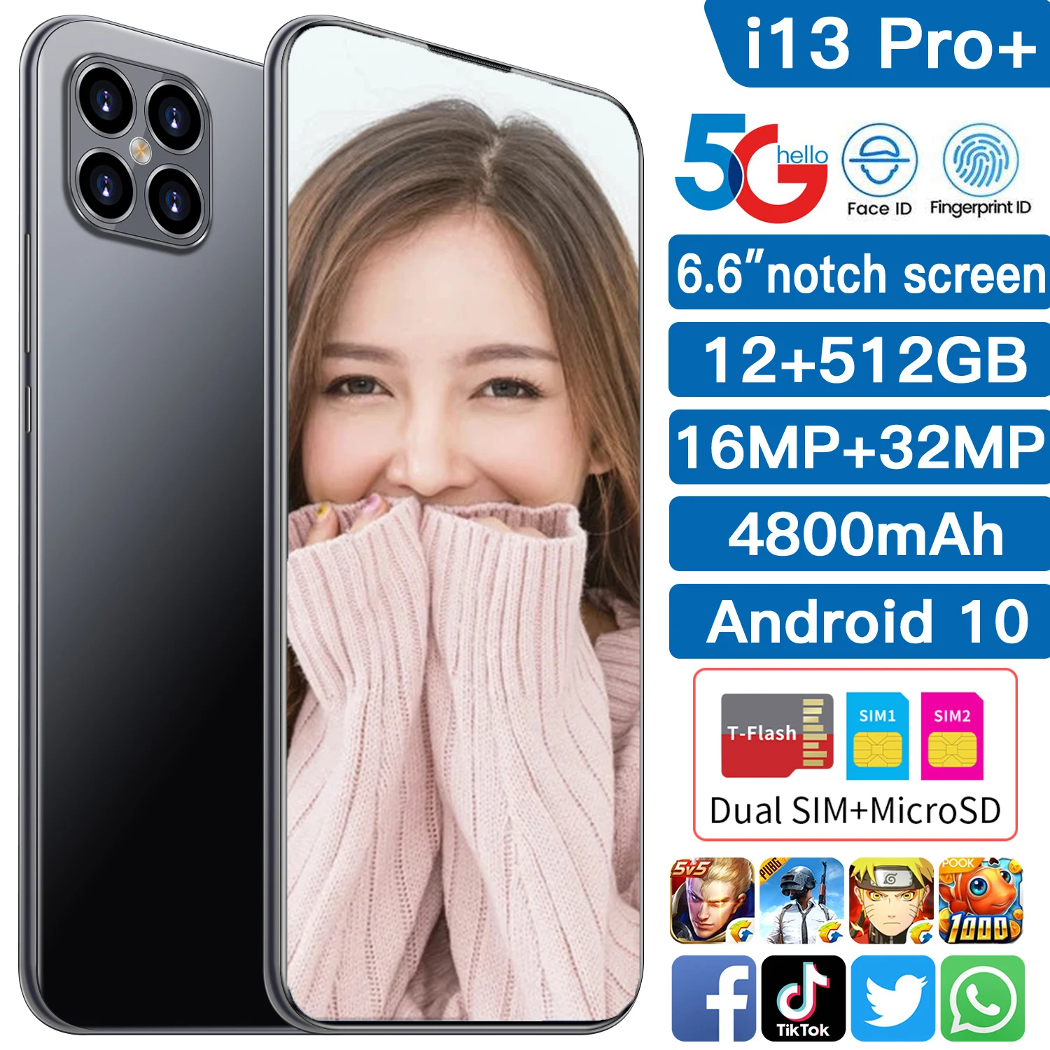 

Best Quality I13 Pro Global Version Smartphone 4800mAh 12GB 512GB 6.6 Inch Screen 16MP 32MP Camera Face ID Snapdragon 888