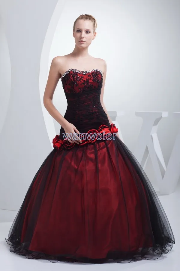 

free shipping really pictures red and black sweet heart lace up A-line appliques handmade flowers beading luxury wedding dresses