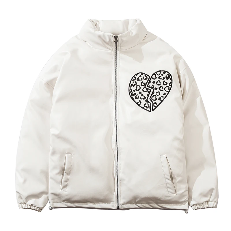 2021 New Leather PU Winter Mens Jacket Broken Heart Printed Hip Hop Zipper Thick Jackets Men Fashion Casual Streetwear Tops Coat