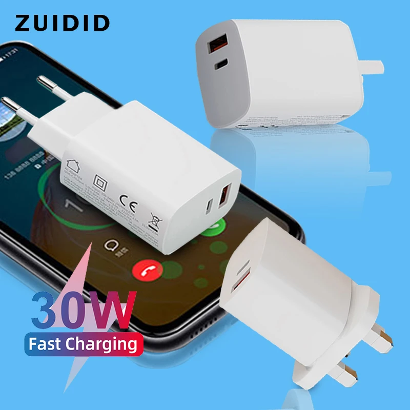 

30W Dual port PD Charger Fast Charging QC3.0 Wall Travel Adapter EU US UK Charge Plug For iPhone 12 Pro Max Xiaomi 11 Huawei P40