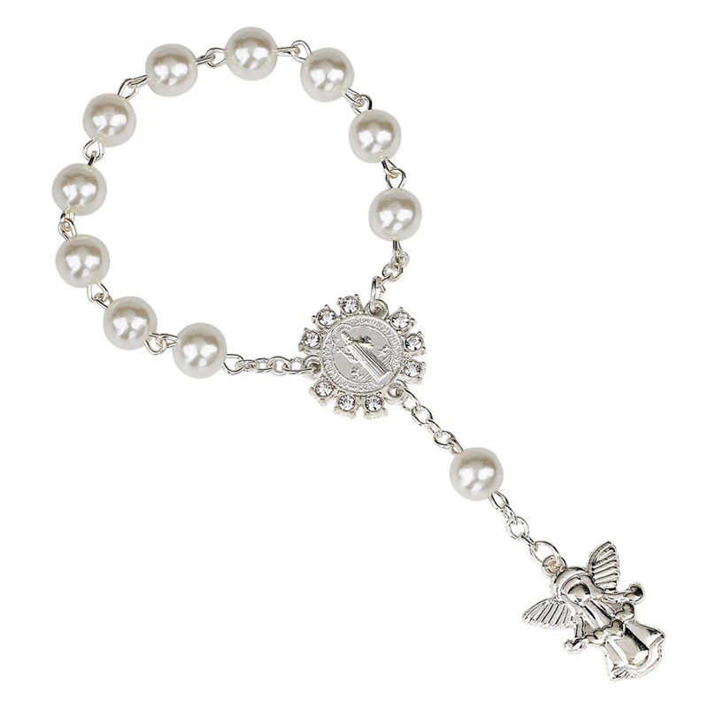 

QIGO Metal Angle Pendant Plastic Beads Rosary Bracelet Religious Jewelry