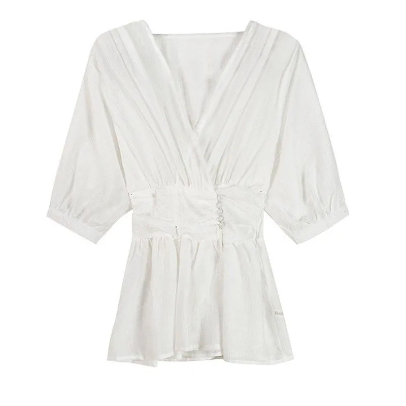 

Women's Summer Fashion Simple Solid V-Neck Short Sleeve Nipped Waist Pullover Chiffon Blouse