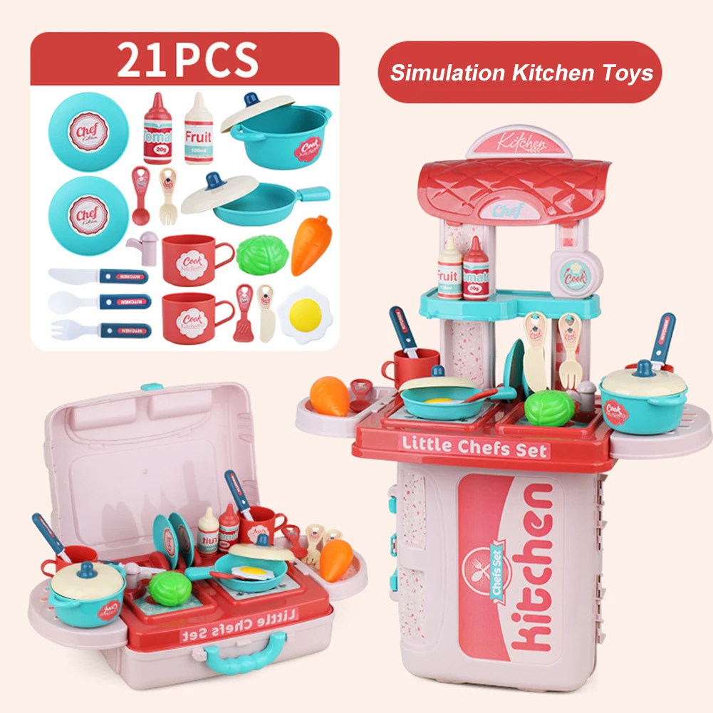 

21PCS Plastic Portable Simulation Kitchen Toy Suitcase With Pot Food Accessories Set Pretend Game Table Convertible Suitcase Toy