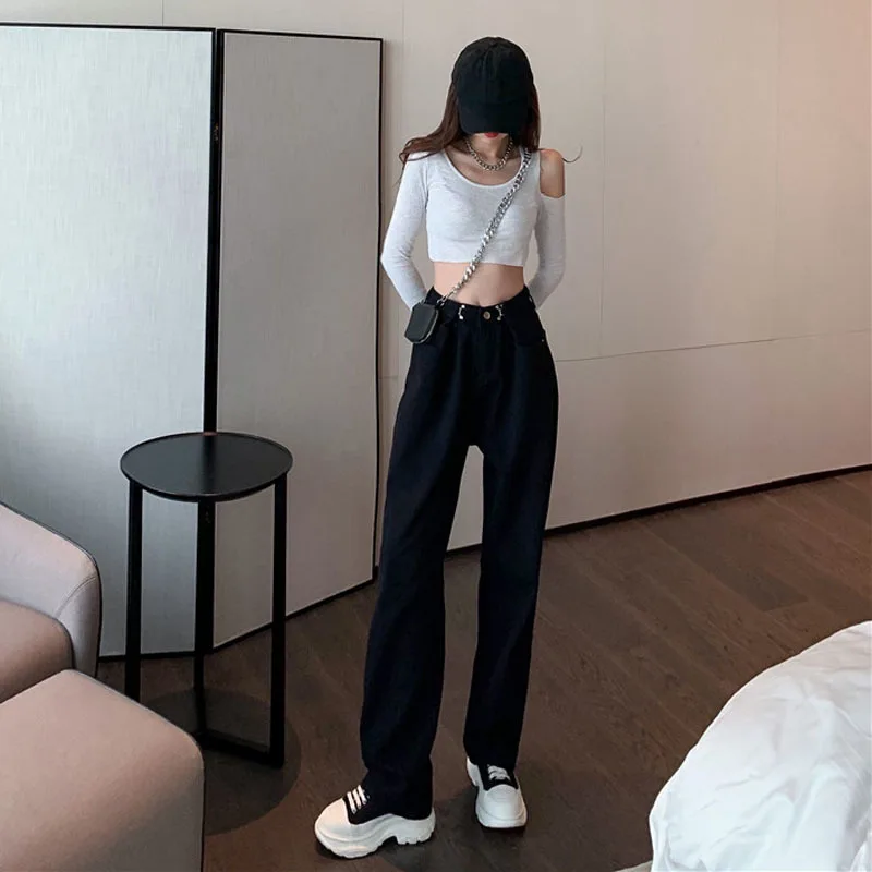 

Jeans Female Spring autumn White Black High Waist Straight Loose wide-leg trousers 2021 New pants