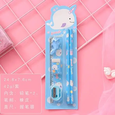 dolphin 1 Набор Kawaii Мультфильм Единорог кролик HB деревянные карандаши для детей эскиз исследования карандаши с линейкой ластик Ручка точилка подарочный набор - Цвет: dolphin