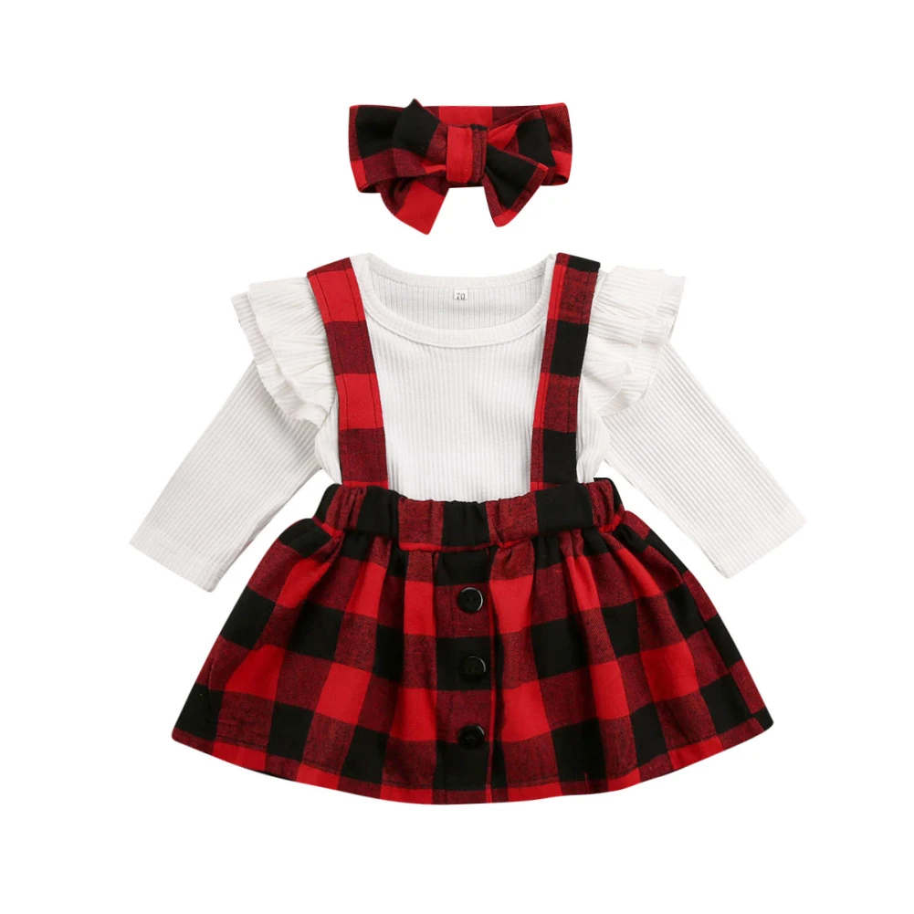 

0-18 Months Baby Girl Clothes Sets 3pcs Knitted Tops Romper Plaids Print Bib Dress + Headband Newborn Christmas Outfit