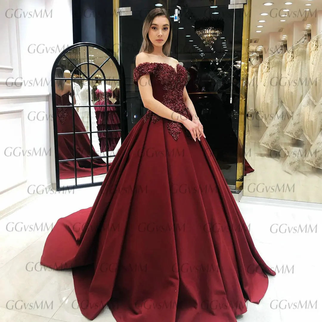 

Luxury Budgundy Evening Dresses 2022 Robe De Soirée De Mariage Lace Up Beading Satin Ball Gown Abendkleider Formal Party Dress