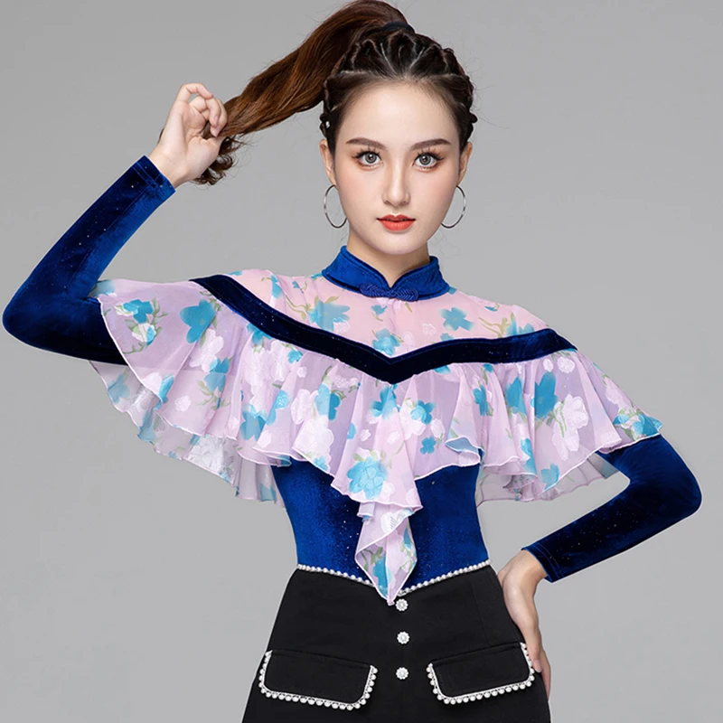 

Ballroom Dance Tops Women Velvet Modern Dance Outfit Long Sleeve Latin Practice Wear Salsa Dance Wear Performance Costume