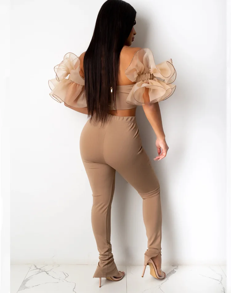 

Zoctuo Two Piece Set Solid Mesh Sheer Puff Sleeve Sexy Two Piece Set Off Shoulder Top Slim Pants Suit Night Club Outdoor Outfit
