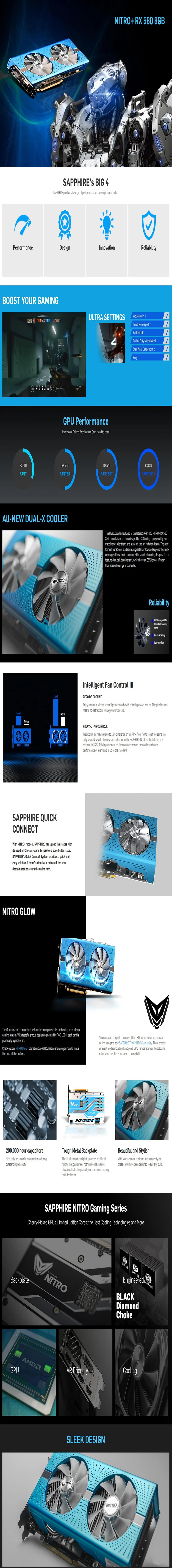Видеокарта Sapphire Radeon NITRO+ RX580 8 ГБ DDR5 RX580 8 ГБ DDR5 256bit видеокарты для настольного игрового компьютера