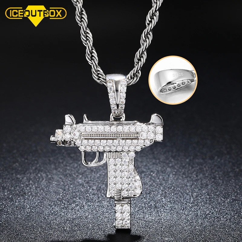 

925 Sterling Silver Pendant Submachine Gun Necklace For Women Men Punk Weapon With 5A Cubic Zirconia Steel Rope Chain Jewelry