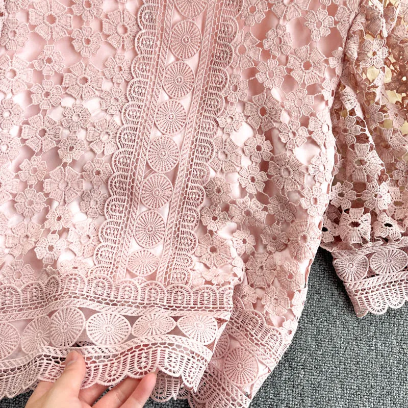 

Summer Women Hollow Out Embroidered Blouse Casual Puff Sleeve Slim Pink/Green/Black/White Short Tops Female 2021 New Blusas