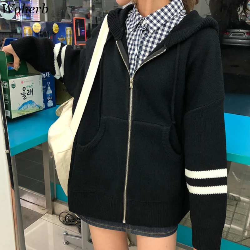 Woherb Harajuku Knitted Cardigan Women Korean Style Modis Striped Print Hooded Sweater Coat Girls Casual Runway Sweaters