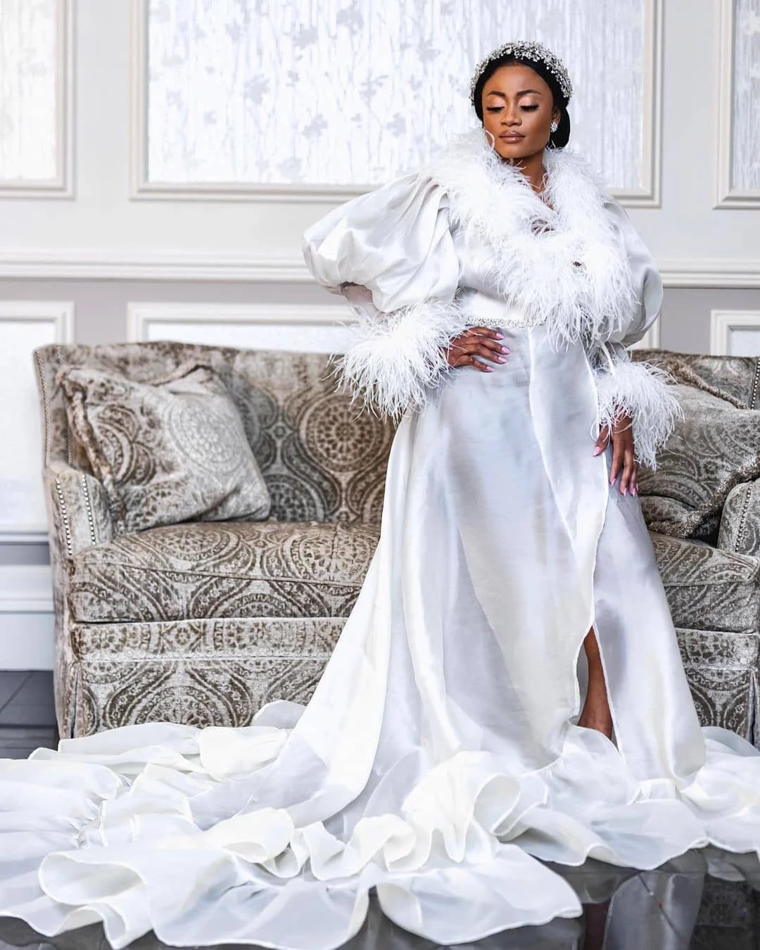 Женский шифоновый халат LO &amp LI элегантный длинный невесты с мехом Свадебный