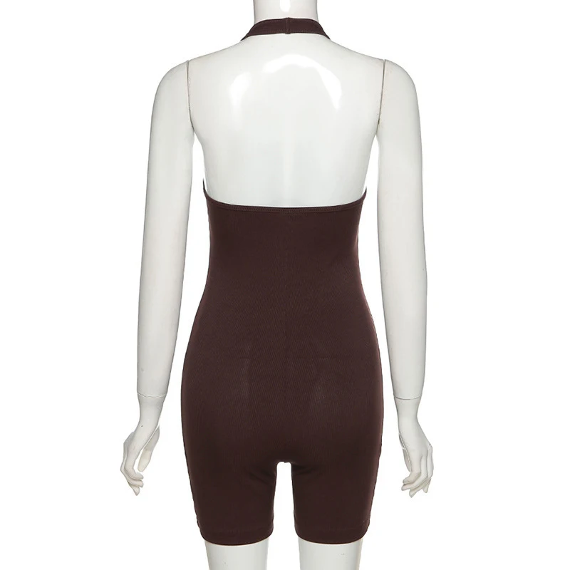 

Knitted Backless Women's Short Jumpsuit Sleeveless Halter Solid Female Playsuit 2021 Summer Fashion Casual Lady Romper Overalls