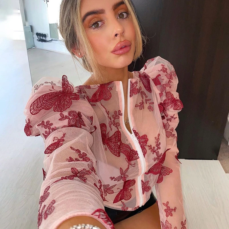 Куртка бомбер женская с вышивкой бабочки короткий пиджак из прозрачной сетки