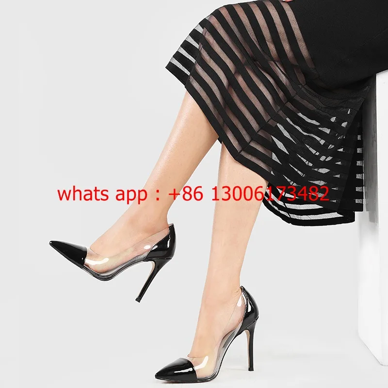 

real video Large size pointed toe high heel women Stilettos PVC patent leather patchwork high heel office lady shoes