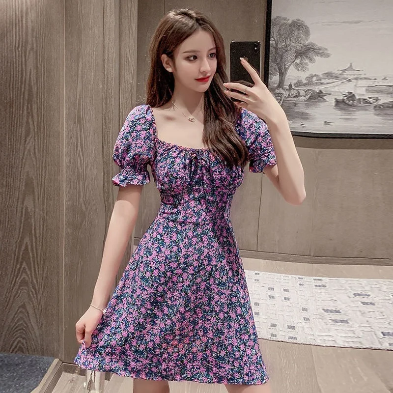 

Purple Floral Dress Puff Sleeve Sexy Mini Summer Beach Boho Korean Retro Cute a Line robe vestidos de verano mujer 2021