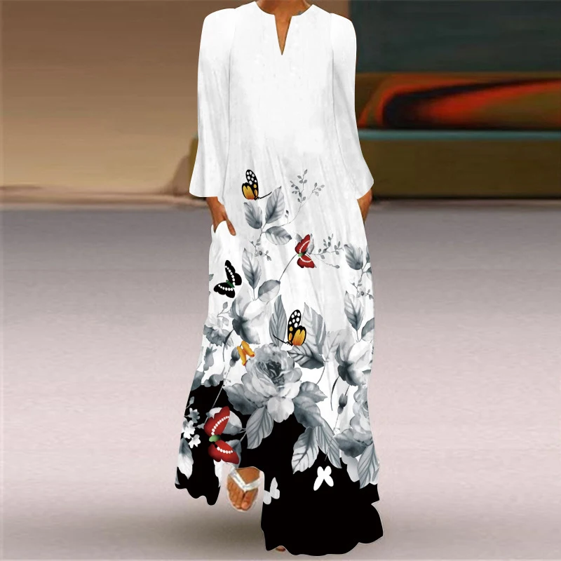 

WAYOFLOVE 3D Rose Printed Autumn Long Dress 2021 Long Sleeve Beach Casual Plus Size Dresses Woman Elegant Girls Black White Dres