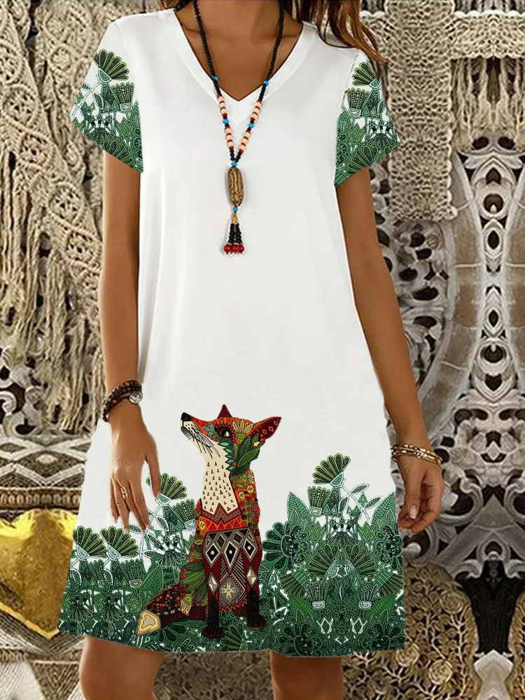 

New fashion fox print V-neck Short Sleeve Dress