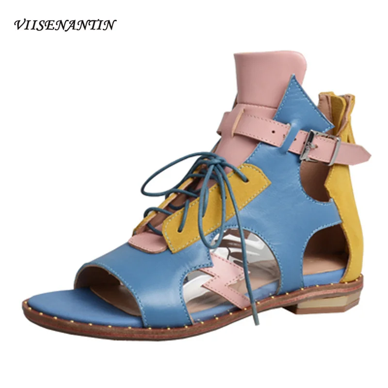 

Сандалии кожаные с пряжкой на застежке-молнии сзади, повседневные универсальные босоножки на низком каблуке, со шнуровкой и заклепками, с о...