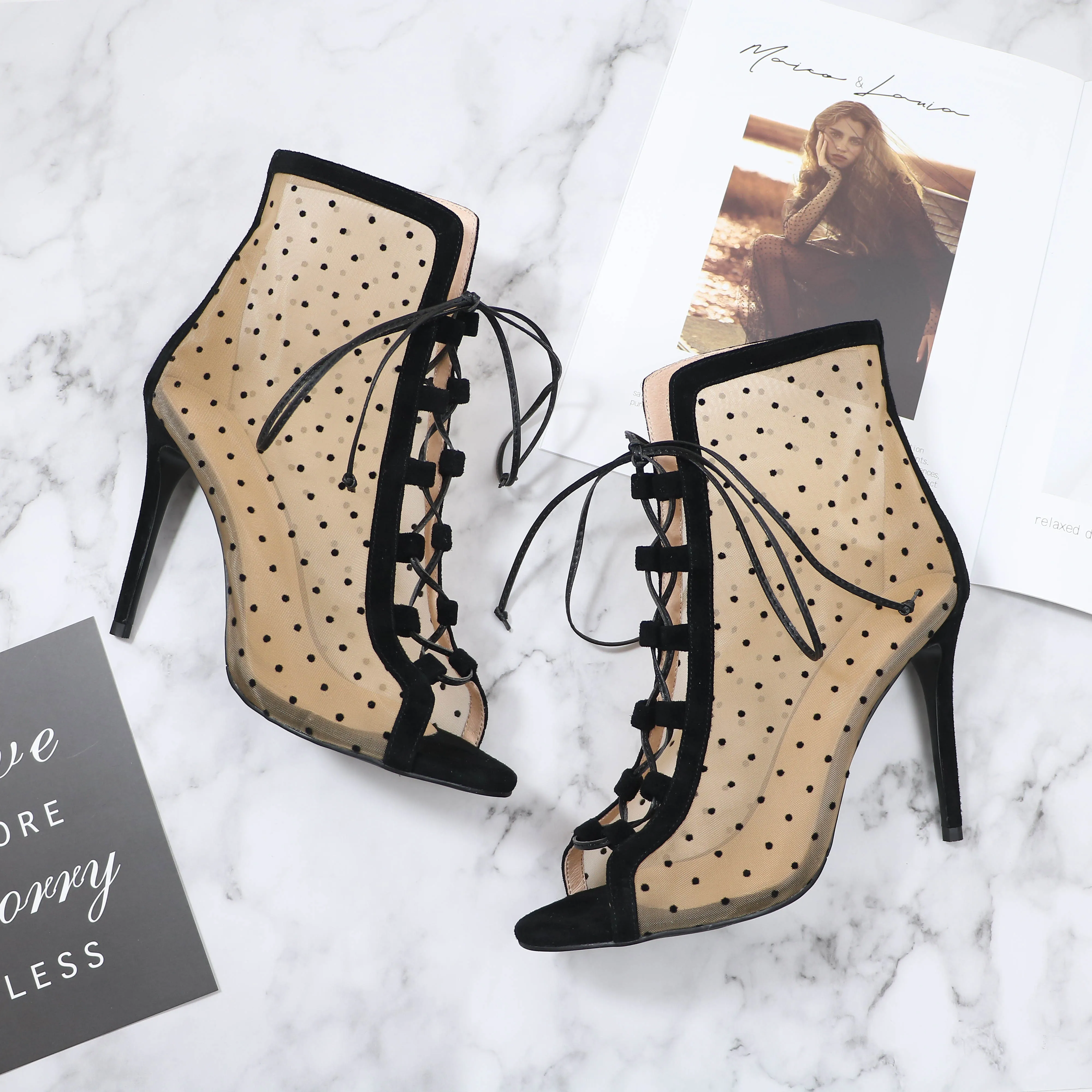 Jual Roni Bouker Lady Fashion Desain Sepatu Wanita Hitam Polka Dot Musim Panas Sepatu Bot Wanita Lace-UP Sepatu Hak Tinggi Peep Toe Sepatu Semata Kaki