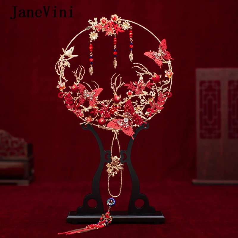 

JaneVini 2019 Newest Designer Bride Hand Fans Red Metal Butterfly Flower Chinese Wedding Bouquet Bridal Holder Fan Ramo De Boda