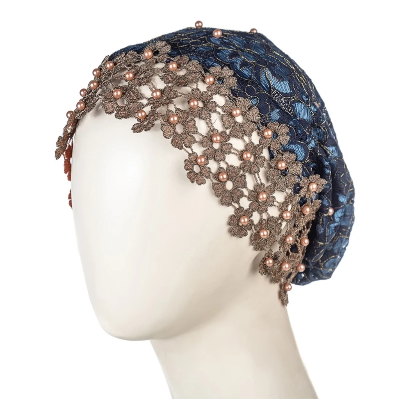 

Женский мусульманский тюрбан Y1AC, Эластичный Тюрбан из сетчатой ткани, шапочка с цветочной вышивкой и кружевом, головной убор с имитацией же...