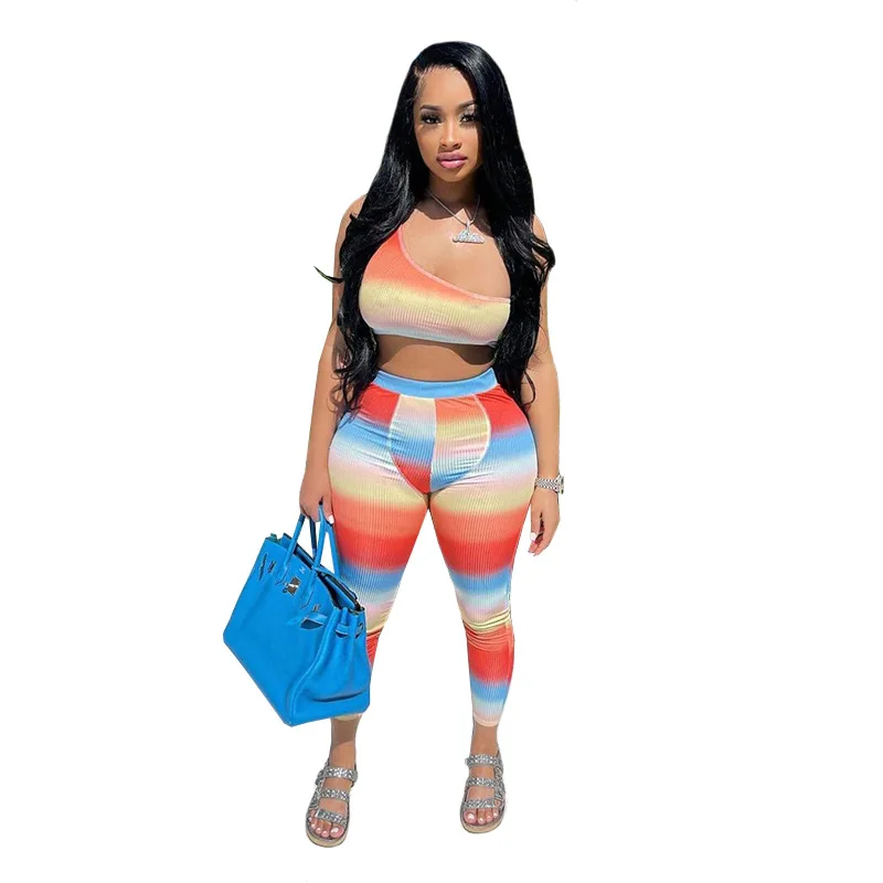

2021 Summer New Women Two Piece Set Multicolor Gradient Print One Shoulder Crop Top And High Waist Pants Tracksuit Outfits