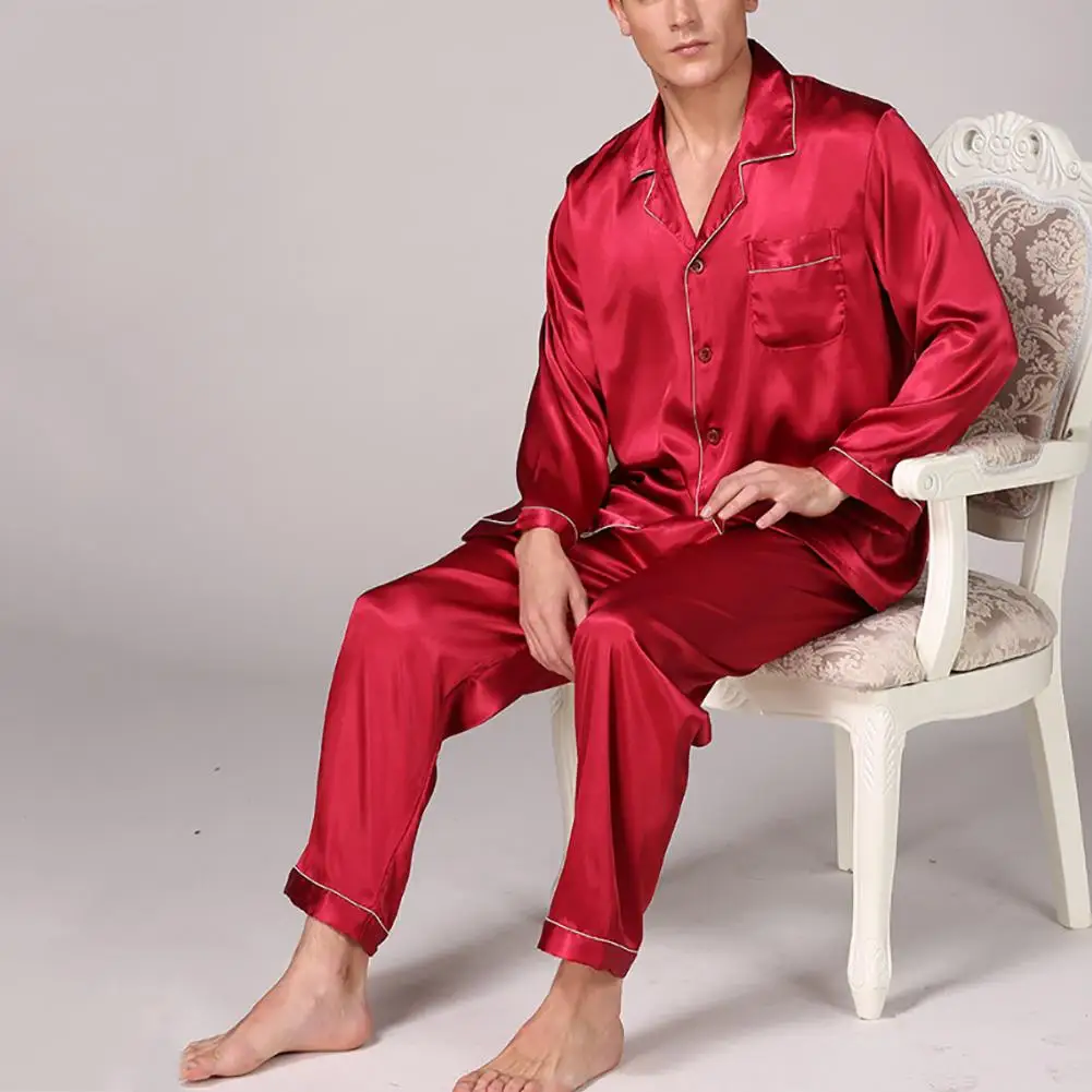 

Men Summer Imitation Silk Pajama Set Shirt Pants Home Gown Sleepwear Nightwear