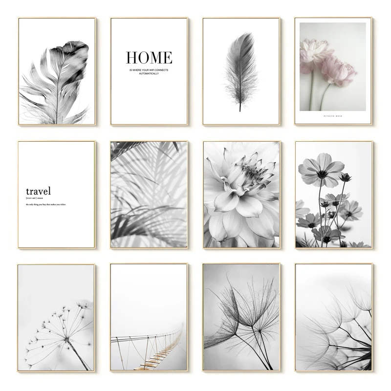 Poster di fiori in bianco e nero stampa Fresh Wall Art Feather Dandelion Pictures Canvas Painting