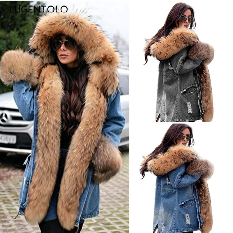 

Lugentolo Vintage Denim Coat Women Big Fur Collar Hooded Warm Autumn Winter Jacket Hole Fashion Do Old Large Size Thicken Coats