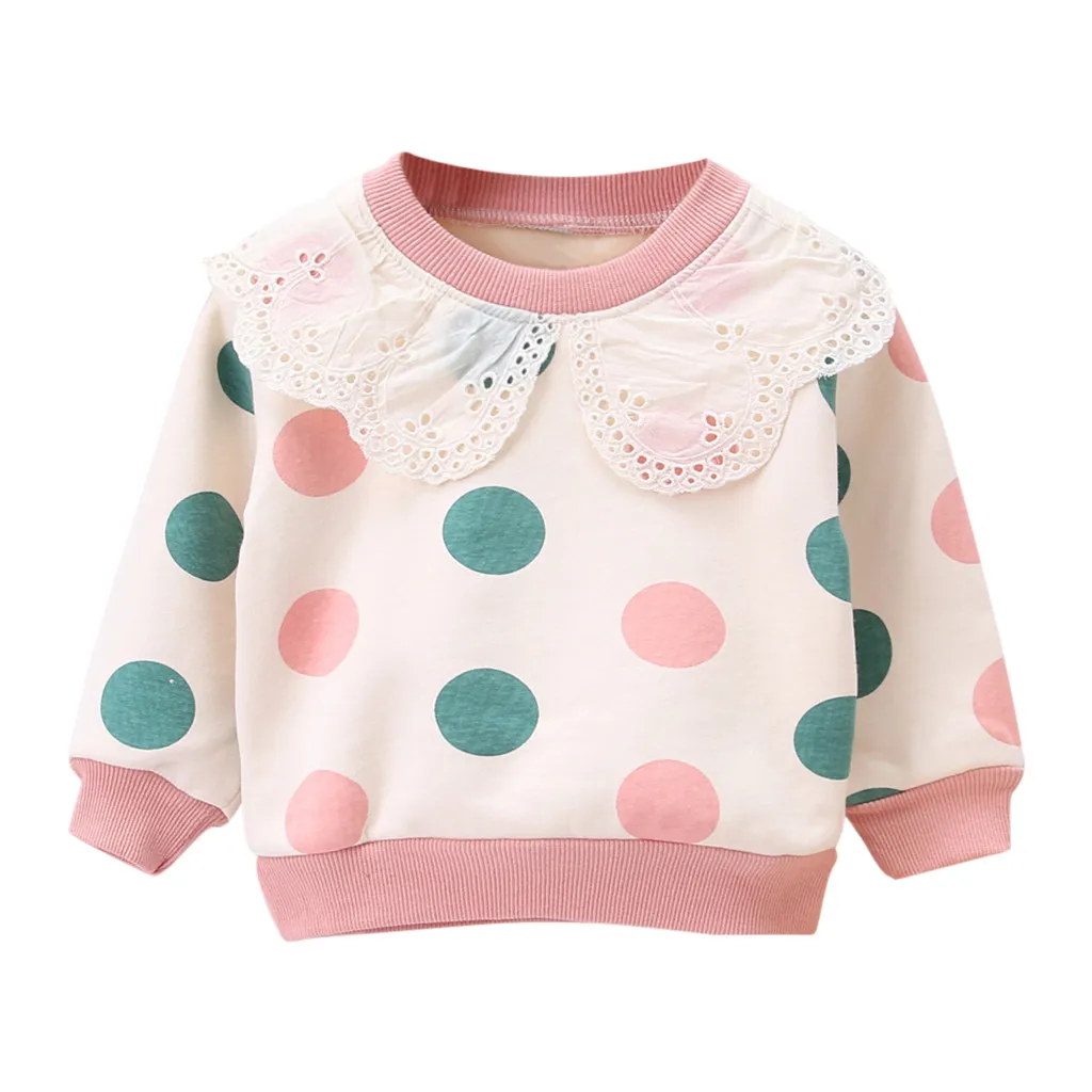 Розовый Toddler Baby Kids Girls Ruffles Dot Print Pullover Tops T-shirt Casual Clothes Children's Sweater Hoodie Autumn Winter - Цвет: Розовый