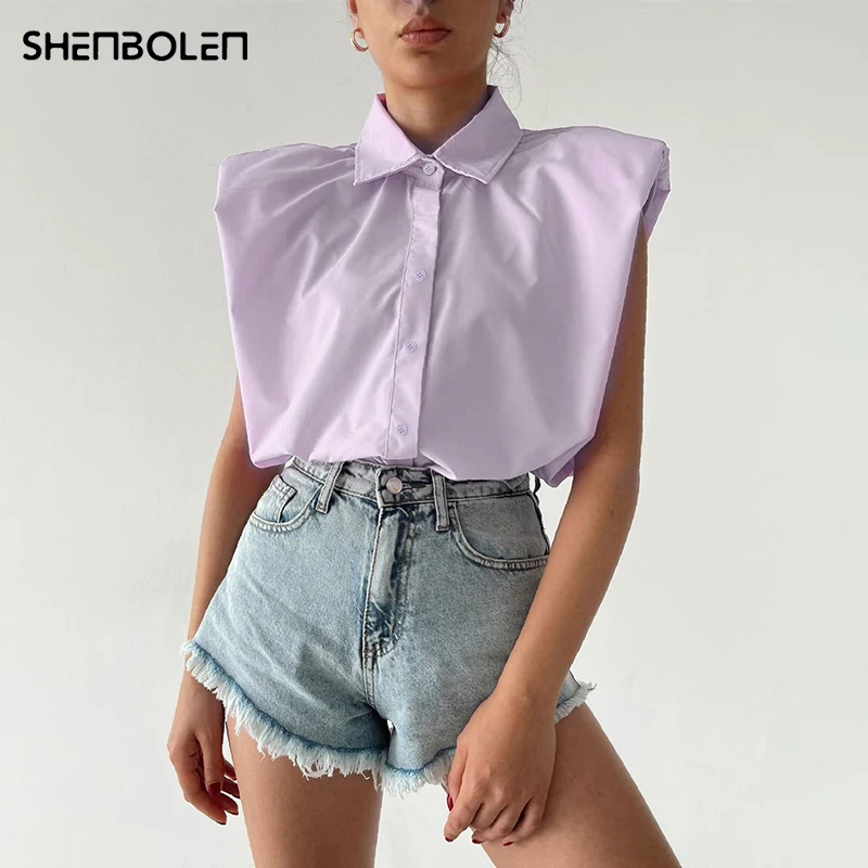 

Purple Button Up Shirt Women Crop Tops Summer Sleeveless Loose Casual Blouses 2021 Femme Sexy Turn-down Collar Vest Tee