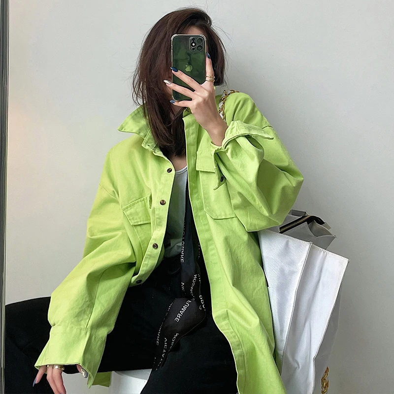 

FORYUNSHES Women Oversized Shirt Long Sleeve Blouse 2021 Spring Vibrant Green Royal Blue Fashion Top Casual Clothing Shirts New