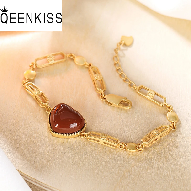 

QEENKISS BT5225 Fine Jewelry Wholesale Fashion Hot Woman Girl Bride Birthday Wedding Gift Vintage Heart Agate 24KT Gold Bracelet