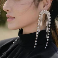 2021 fashion luxury shiny rhinestone long tassel hanging u shaped earrings female earrings accessories dinner wedding gifts