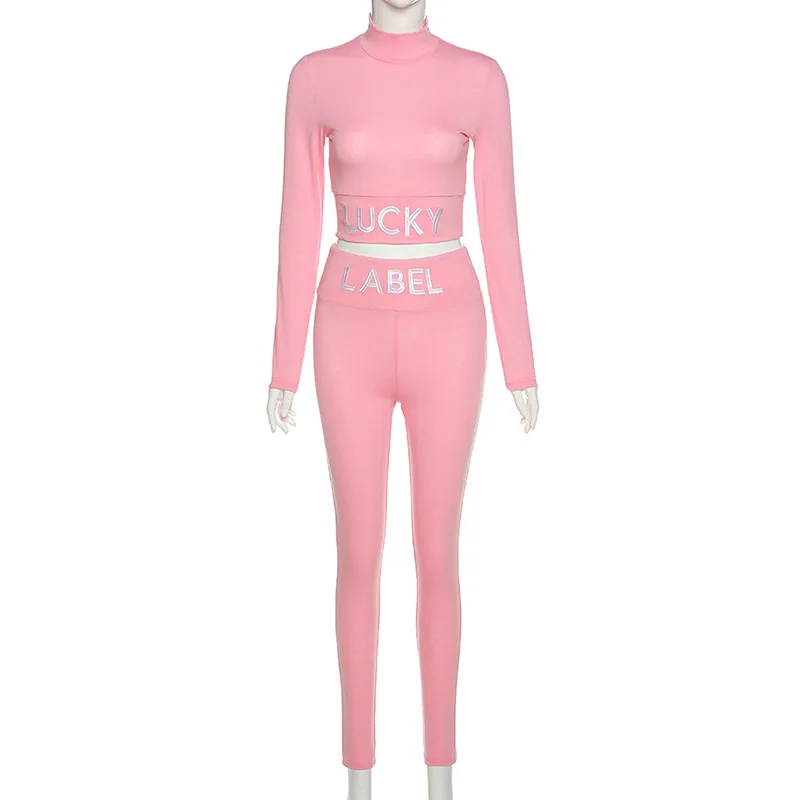 

BOOFEENAA Embroidery Lucky Label Two Piece Outfits for Women Winter Clothes Sexy Bodycon Tracksuit Pants Matching Sets C87-CH35