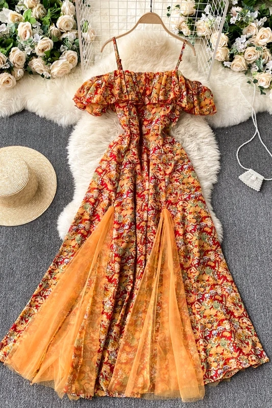 

2021 Spring Summer Korea Fashion Beach Style Women Elegant Print Sleeveless Empire Long Dress J194