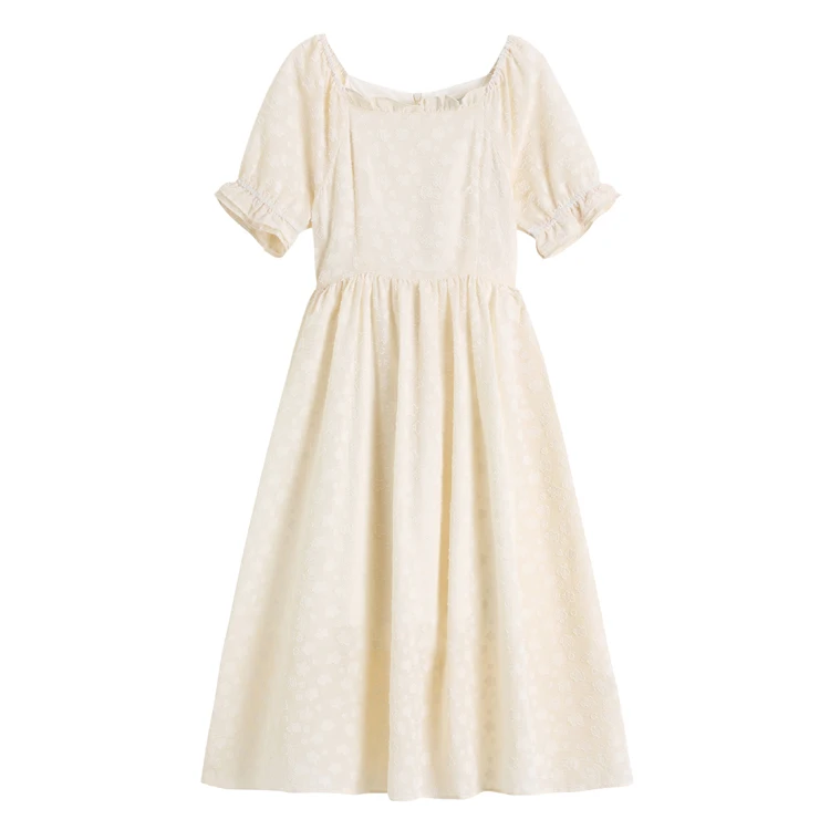 

CMAZ 2021 Summer Vintage Elegant with A-Line Sweet Bow Solid Puff Short Sleeve Lace Dress Women Vestidos 4170#