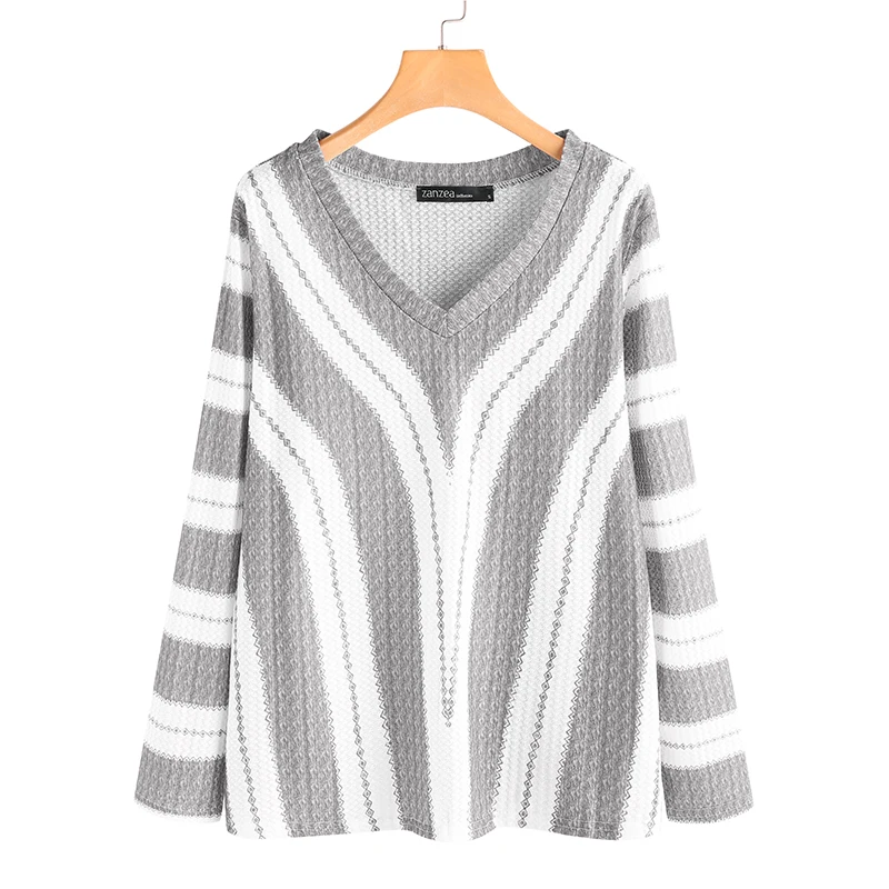 ZANZEA Women Blouse Deep V Striped Thin Sweater Autumn Knitwear Tops Casual Long Sleeve Shirt Jumper Pull Femme Pullover Blusas | Женская