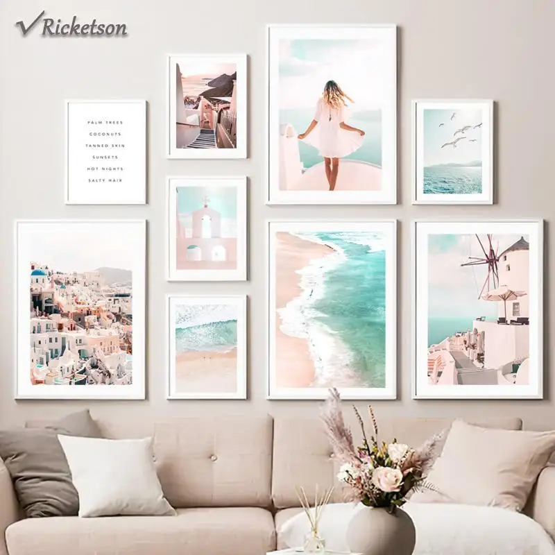 

Aegean Sea Girl Bird Dandelion Canvas Painting Beach Landscape Nordic Posters and Prints Wall Art Pictures for Living Room Decor