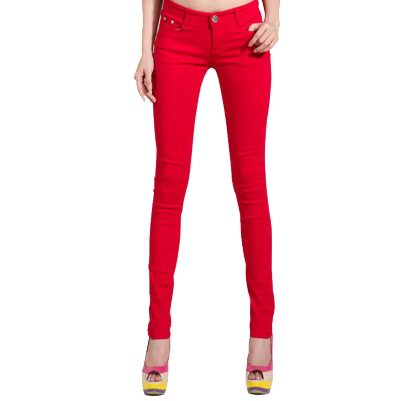 

Pants Women Elastic Pencil Jeans Pants Candy Colored Mid Waist Zipper Slim Fit Skinny Full Length Female Trouser Pants For Woman