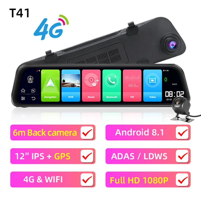 

12" 4G Wifi Android 8.1 Ultra HD Car DVR Navigation GPS Touch Screen Rearview Mirror Camera1080P Dual Lens Video Recorder