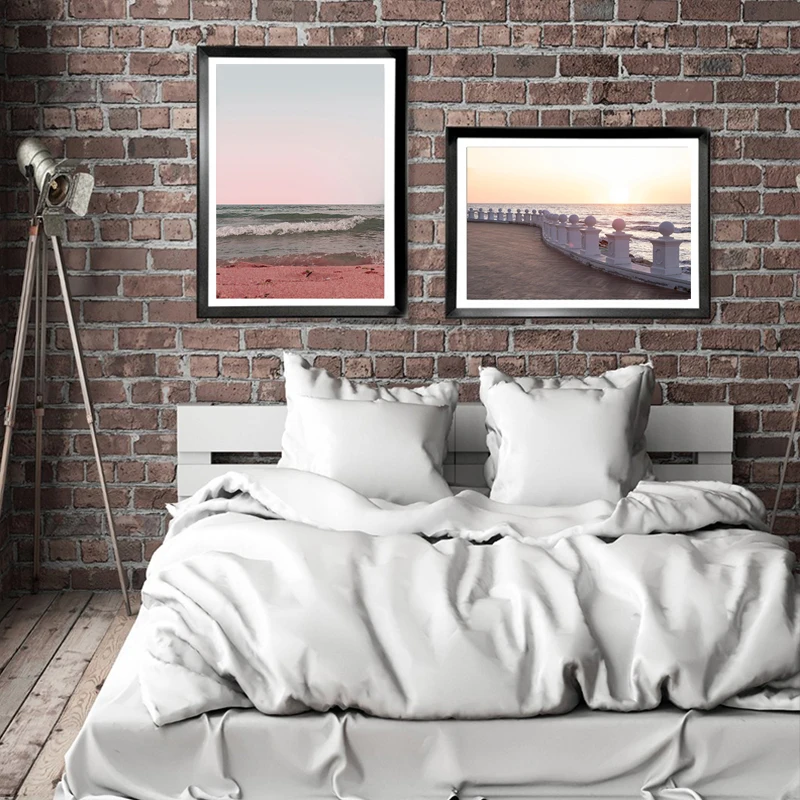 

Beautiful Beach Canvas Painting Pink Seascape Coastal Large Wall Art Ocean Waves Minimalist Posters and Prints Modern Home Decor