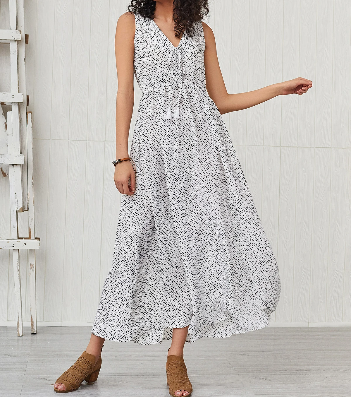 TEELYNN sexy sleeveless deep v neck maxi women dresses summer vintage cotton rayon white polka dot dress boho beach vestidos | Женская