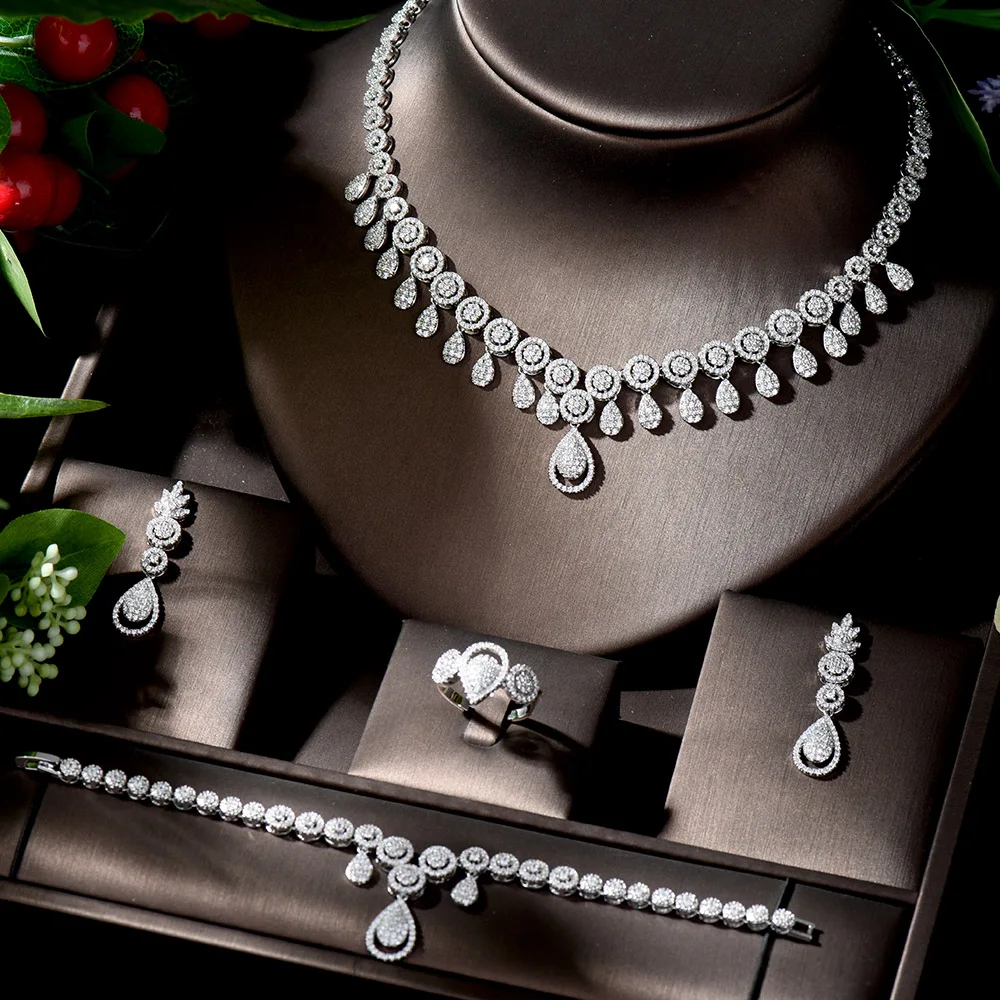 HIBRIDE свадебное циркониевое ожерелье, серьги, кольцо для женвечерние, роскошное свадебное Ювелирное Украшение из Дубая, Нигерии, с фианитами